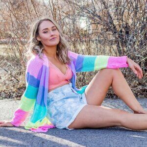 Pastel Rainbow Knit Long Sleeve Cardigan Lightweight Spring Pockets Colorblock